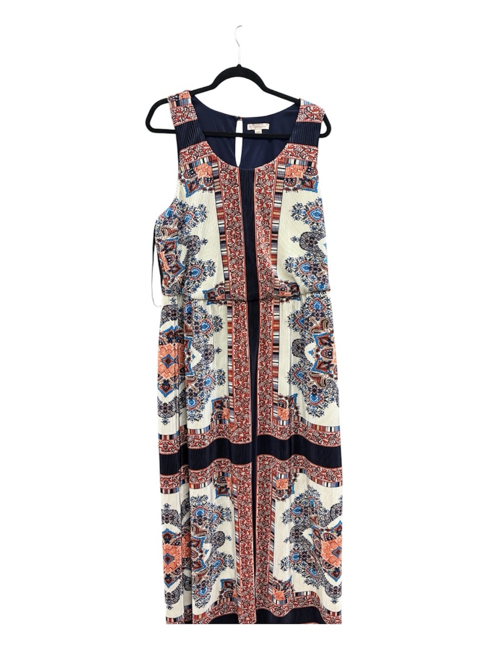 Boho Printed Maxi Dress with Tie Waist - Navy, Coral & Cream